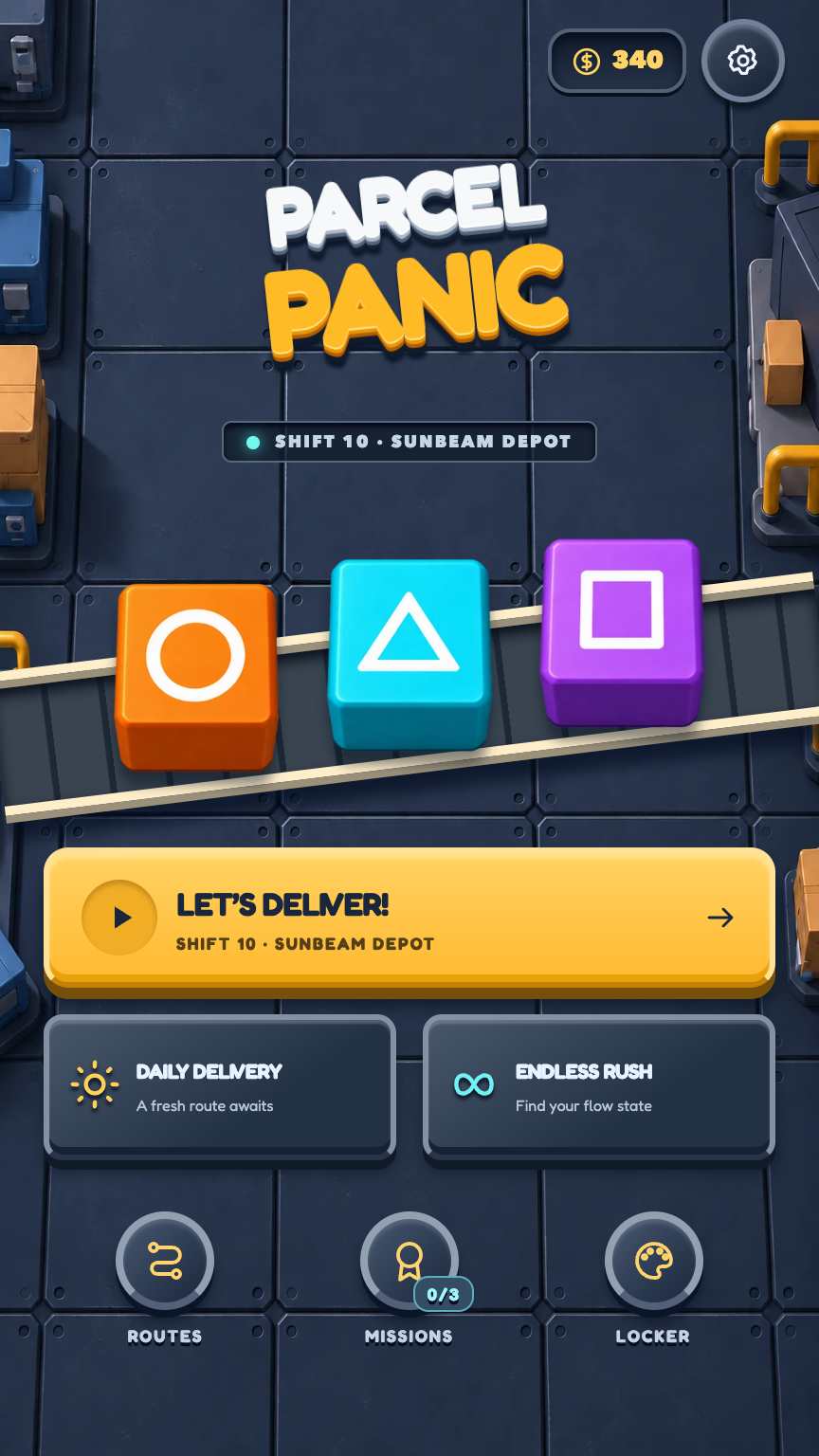 The Parcel Panic depot menu, styled as factory machinery.