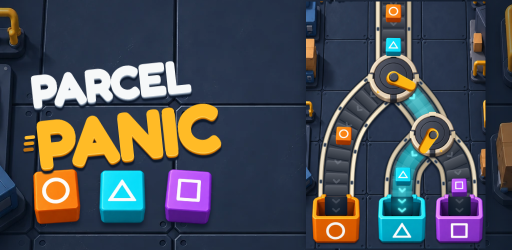 Parcel Panic's orange circle, cyan triangle and purple square parcels on the industrial sorting floor.