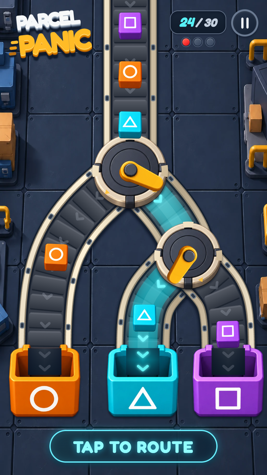 Live sorting board with two switches, moving shaped parcels and all three bins.